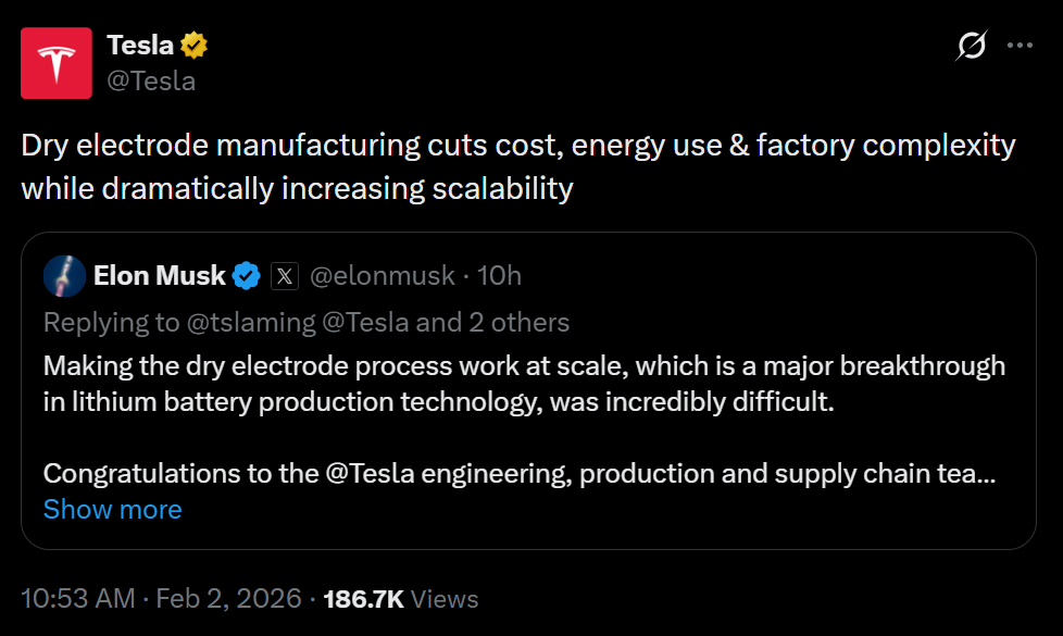 馬斯克官宣干電極工藝量產(chǎn) 特斯拉距離固態(tài)電池更進(jìn)一步?